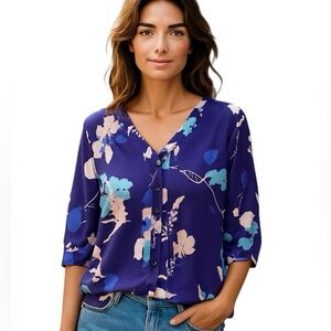 Yumi Kim Silk Revolve Purple Blue Pink Teal Floral Tab up Sleeve Blouse Top S